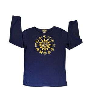 Bob Mackie Vintage Wearable Art Navy Blue Tee Top Gold Zodiac Sun Shirt Small